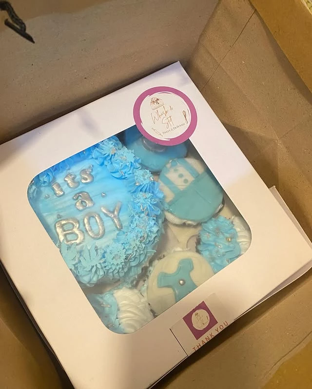 It's a boy bento box with thank you message and baby boy celebration theme - Newborn Boy Boxes Karachi By Whisk And Sift